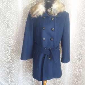 Laundry By Shelli Segal Blue Pea Coat with Faux Fur Collar